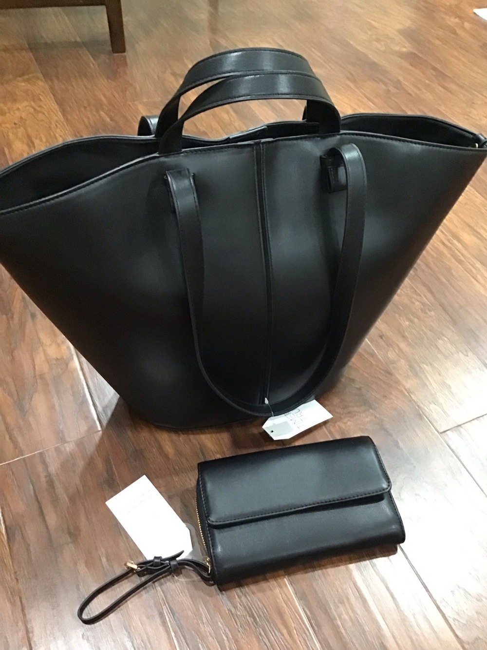 Black Faux Leather Big Tote Bag with Matching Wallet